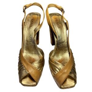 Vintage Prada Gold Leather Cork Platform Block Heel Sandals Size 39.5